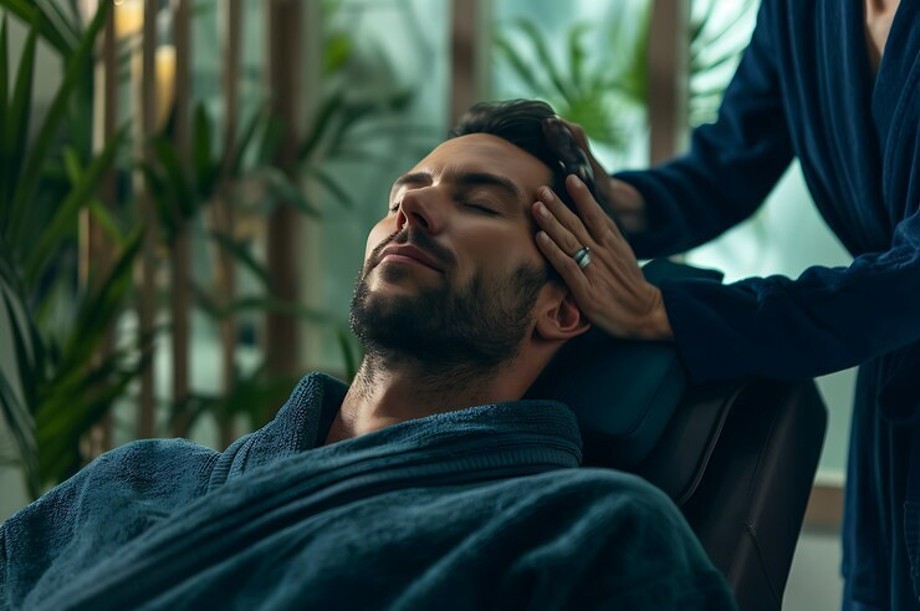 Man enjoying a relaxing hair spa treatment at the best salon in Silicon Oasis