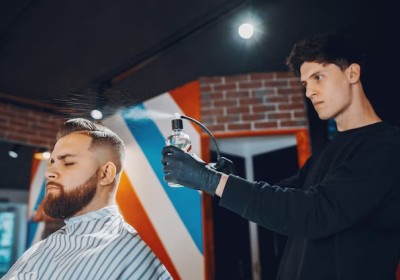 Professional hairstylist providing at a men's grooming salon